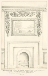 Chimenea tallada en la sala trasera en la planta baja con vista al jardín, Fairfax House, High Street, Putney, 1887