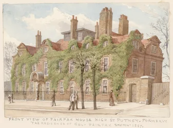 Vista frontal de Fairfax House, Putney, Londres, la residencia del General Fairfax, 1887