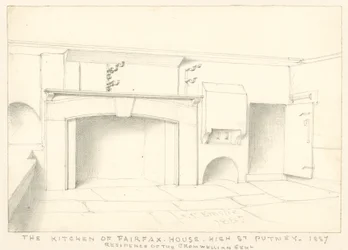 La cocina en Fairfax House, High Street, Putney, 1887; residencia del caballero Cromwelliano