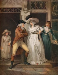 La puerta de la taberna, Laetitia, abandonada por su seductor, es arrojada a la calle, 1789