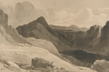 Un paisaje de montaña con un pastor