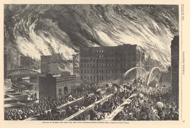Chicago en llamas - la carrera por la vida sobre el puente de la calle Randolph, ilustración de Harpers Weekly, 1871