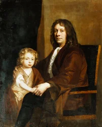 Retrato de Thomas Rowe y su hijo, sentados tres cuartos de longitud, el primero con una bata marrón, el segundo con un vestido y abrigo marrón
