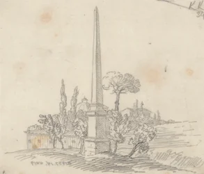 Un obelisco con tejados y árboles a lo lejos