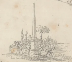 Un obelisco con tejados y árboles a lo lejos