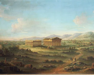 Dos grandes templos de Paestum, Basílica a la izquierda y Templo de Neptuno o Poseidón a la derecha, por John Robert Cozens