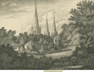 Catedral de Lichfield - Vista noreste: dibujo a pluma y tinta, 1835