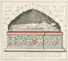 Iglesia de Uttoxeter - Tumba de la Dama Abadesa de la Familia Kynnersley: dibujo a pluma y lavado, nd [mediados del siglo XIX]