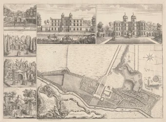 Un Plano de los Jardines y Vista de los Edificios del Muy Honorable Henry Pelham, Esqr. en Echa en el Condado de Surrey.