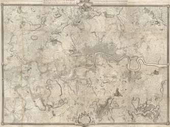 Un mapa de Londres del siglo XVIII. Un levantamiento exacto de las ciudades de Londres y Westminster, del borough de Southwark y de los alrededores en un radio de diez millas, iniciado en 1741 y terminado en 1745, por John Rocque, agrimensor, y grabado