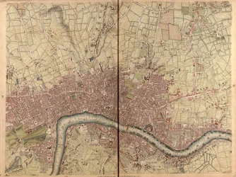 Levantamiento topográfico exacto de las ciudades de Londres y Westminster, el distrito de Southwark y los alrededores de diez millas", hacia 1746 (grabado).