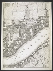 Plano de Londres, Ratcliff Highway, Upper Shadwell Road,  Un plan de las ciudades de Londres y Westminster, y el distrito de Southwark; : con los edificios contiguos; De una encuesta real, / tomada por JOHN ROCQUE, Land-Surveyor, y grabada por John Pine,  