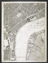 Plano de Londres, The Strand, puente de Westminster,  Un plan de las ciudades de Londres y Westminster, y el distrito de Southwark; : con los edificios contiguos; De una encuesta real, / tomada por JOHN ROCQUE, Land-Surveyor, y grabada por John Pine,  Juan