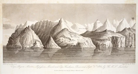 Cabo Byam Martin, Monte Pofsefsion y Cabo Fanshawe, descubierto el 1 de septiembre de 1818 por el HMS Isabella, ilustración de 