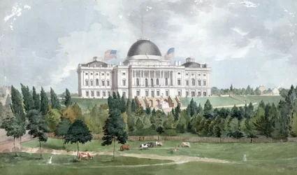 Fachada oeste del Capitolio de los Estados Unidos con vacas en primer plano 1831