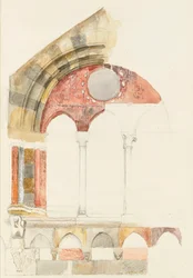 Una ventana del Broletto, Como: boceto rápido en color, mostrando el método de incrustación de mármoles, agosto 1869