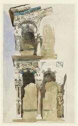 Parte de la fachada de la destruida Iglesia de San Michele in Foro, Lucca, esbozada en color, 30 de junio - 1 de julio de 1846