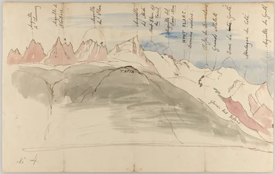 La cordillera del Mont Blanc desde cerca de Chamonix (recto); Bocetos de la cordillera del Mont Blanc desde la Tapia sobre Chamonix, vista desde Ginebra y desde La Dôle (verso)
