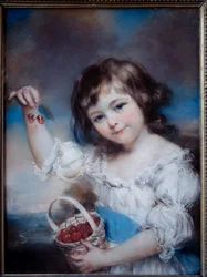 Retrato de una niña pequeña en la cesta de cerezas. Pintura de John Russell (1745-1806), siglo XIX