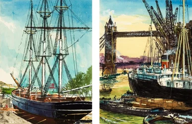 Un alto buque en la parte baja del Támesis y un carguero de vapor cerca del Tower Bridge (gouache sobre papel)