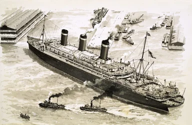 El vapor Leviathan es empujado por remolcadores hacia un muelle del puerto de Nueva York.