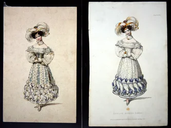 Boceto e impresión de una placa de moda, c.1829