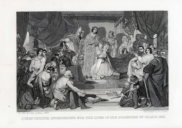 La reina Felipa intercediendo por la vida de los burgueses de Calais, 1347, 1882