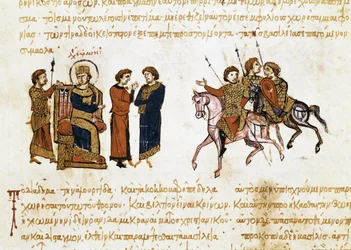 La coronación del emperador bizantino León V el Armenio (775-820), miniatura de la "Synopsis historiarum", c.1126-1150