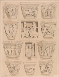 Capiteles y bajorrelieves A y B de la iglesia abacial de Saint Georges de Bocherville, cerca de Ruán, Normandía
