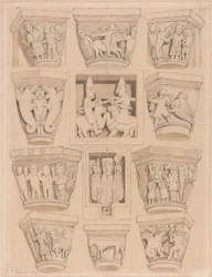 Capiteles y A amp; B Bajo relieve en la iglesia abacial de Saint Georges de Bocherville, cerca de Ruán, Normandía.