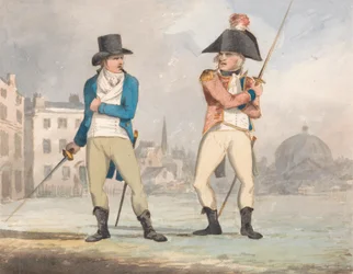 Caricatura de dos hombres con espadas desenvainadas (de un lote de tres)