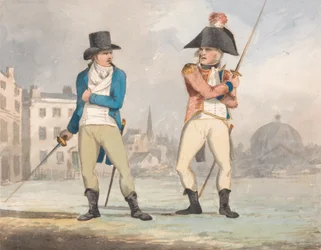 Caricatura de dos hombres con espadas desenvainadas (de un lote de tres)