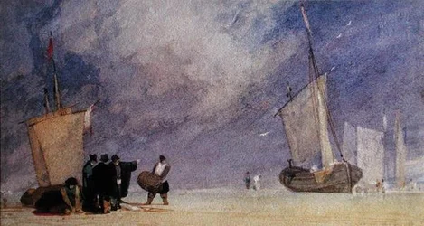 Figuras en la orilla descargando un bote en marea baja