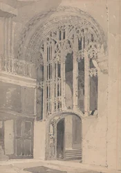 Interior de la Catedral de Norwich: Puerta y biombo entre el transepto sur y la nave del presbiterio