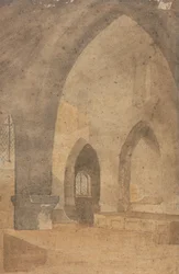 Interior de una iglesia, mirando al oeste desde la nave sur