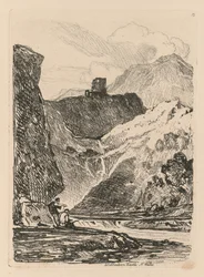 Liber Studiorum: Placa 12, Castillo de Dolbadern, Lago Llanberris, Gales del Norte, 1838