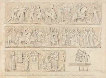 Escultura sobre un conjunto de capiteles en los claustros de la iglesia abacial de Saint Georges de Bocherville, cerca de Ruán, Normandía
