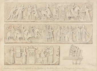 Escultura sobre un conjunto de capiteles en los claustros de la iglesia abacial de Saint Georges de Bocherville, cerca de Ruán, Normandía