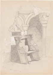 Boceto del interior de una iglesia en ruinas con silla