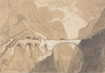 Viajeros cruzando un puente sobre un desfiladero alpino