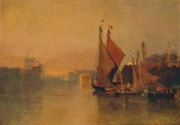 Vista desde el puente de Yarmouth, Norfolk, mirando hacia Breydon, justo después del atardecer, c1823