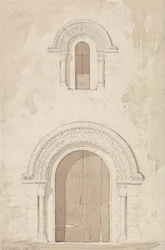 Portada oeste y ventana de la iglesia de Ham, cerca de Valognes, Normandía