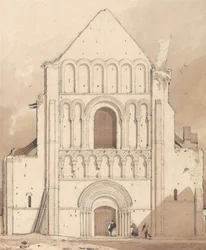 Fachada oeste de la iglesia de Oyestraham [Ouistreham], cerca de Caen, Normandía