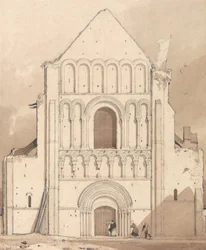 Fachada oeste de la iglesia de Oyestraham [Ouistreham], cerca de Caen, Normandía