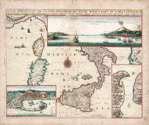 Mapa que contiene la isla y el reino de Sicilia, con una parte de Nápoles, y otras costas adyacentes, incluido el mar Tirreno.