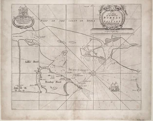 Mapa de Bombay y Sallset por Samuel Thornton, hidrógrafo de la Compañía de las Indias Orientales, publicado por primera vez hacia 1685.