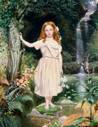 "Niña junto a la cascada" Pintura de John Simmons II (1823-1876) (prerafaelita)
