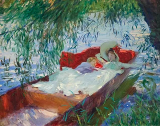 Dama y niño dormidos en una batea bajo el sauce