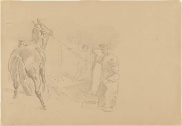 Hombre tirando de un caballo a un establo