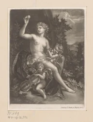 Venus con una manzana y dos cupidos con violín y palomas